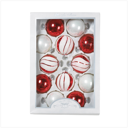 1 DZ RED WHITE GLASS ORNAMENTS