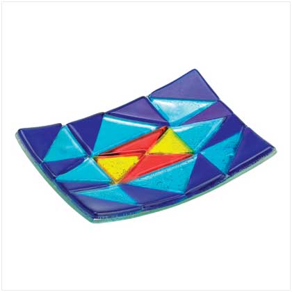 BLUE PATCHWORK ART GLASS PLATE